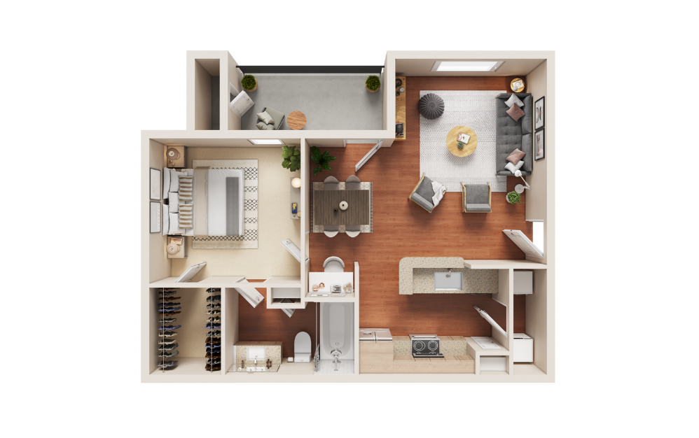 A1 - 1 bedroom floorplan layout with 1 bathroom and 665 square feet