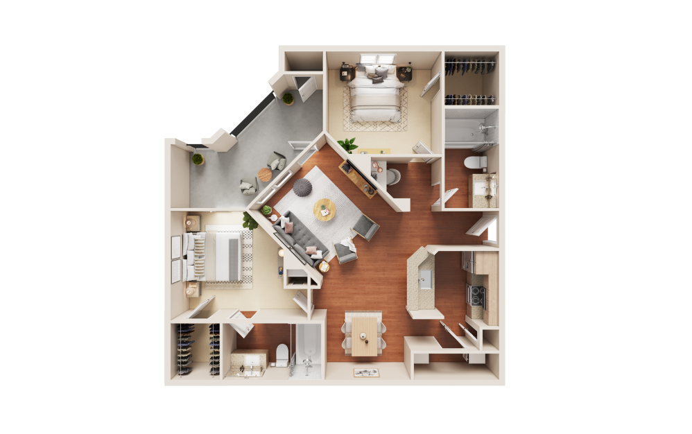 B1 - 2 bedroom floorplan layout with 2 bathrooms and 1018 square feet