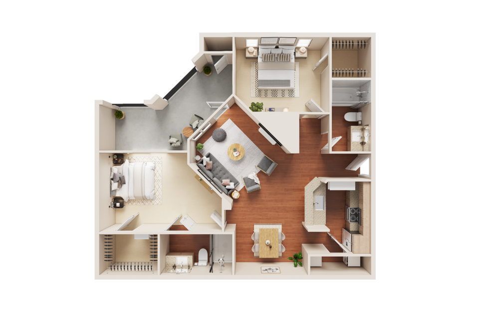 B2 - 2 bedroom floorplan layout with 2 bathrooms and 1126 square feet
